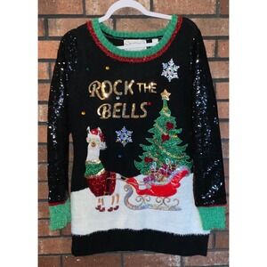 Merry & Bright Rock The Bells Llama Ugly Christmas Sweater Sequin Sleeves M